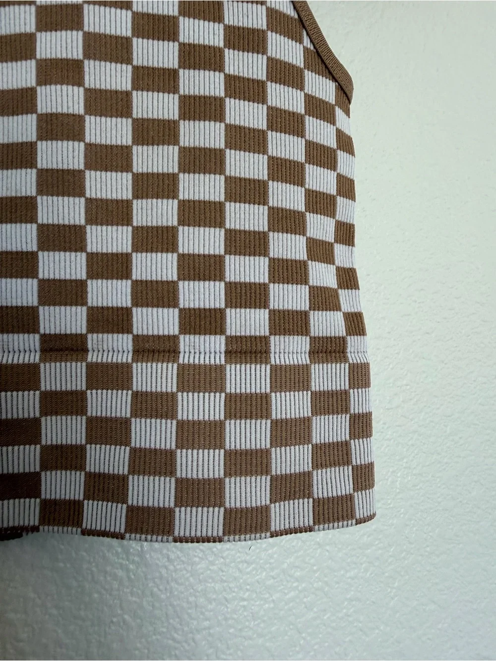 Ribbed Knit Neutral Checkered Crop Tank